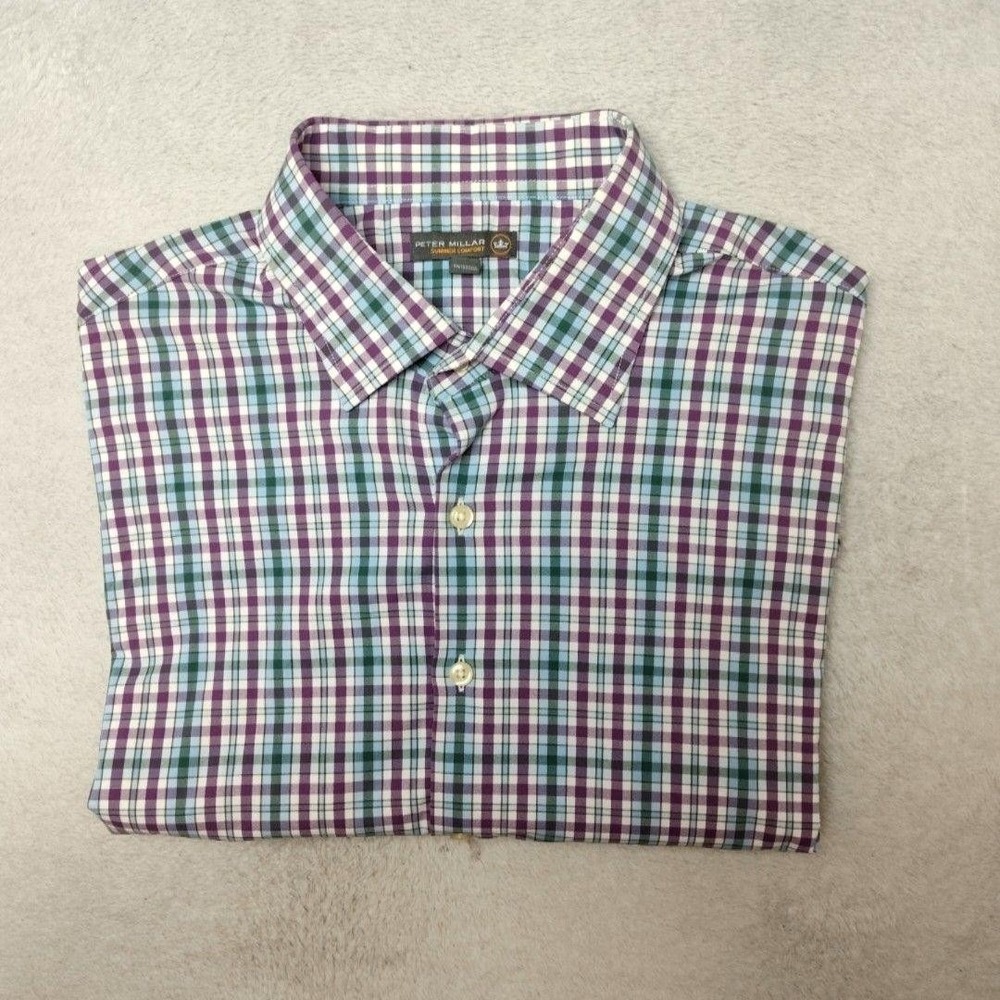 Peter Millar Shirt Mens XL Blue Purple Plaid‎ Button-Up Summer Comfort Stretch